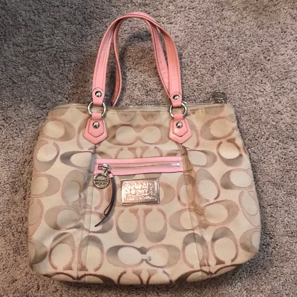 Coach pink & tan canvas poppy glam tote